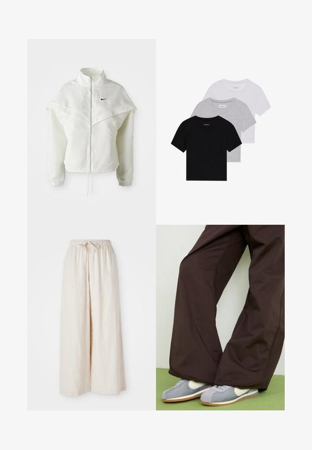 Hvid langærmet zip-up jakke med høj krave, kappe-lignende detaljer over skuldrene, elastiske manchetter og lille sort Nike-logo på brystet.; Sæt af tre kortærmede t-shirts i sort, grå og hvid. Fremstillet af bomuld, har en rund hals og et enkelt, ensfarvet design.; Bredde ben, flødefarvede bukser med elastisk talje og snor. Glat, let linnedstof uden synlige mønstre eller hardware.; Brune bukser med vid ben og glat tekstur samt sidelommer, parret med grå og hvide retro-stil sneakers med gummisål.
