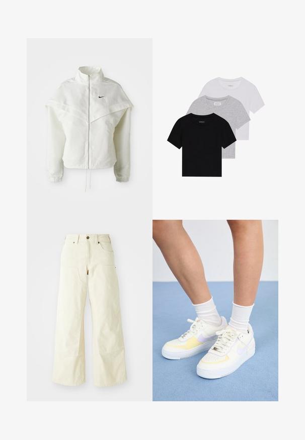 Bela jakna z dolgimi rokavi in zadrgo, visokim ovratnikom, plaščastim detajlom čez ramena, elastičnimi manšetami in majhnim črnim logotipom Nike na prsih.; Komplet treh majic s kratkimi rokavi v črni, sivi in beli barvi. Izdelane iz bombaža, z okroglim izrezom in preprostim, enobarvnim dizajnom.; Bež hlače širokega kroja iz bombaža, z visoko pasom, velikimi sprednjimi žepi in gladko teksturo z minimalnimi detajli šivanja.; Bele usnjene superge z rumenimi in sivimi poudarki, okrogla noska, ravne vezalke in teksturiran gumen podplat. Nosi se z belimi nogavicami.