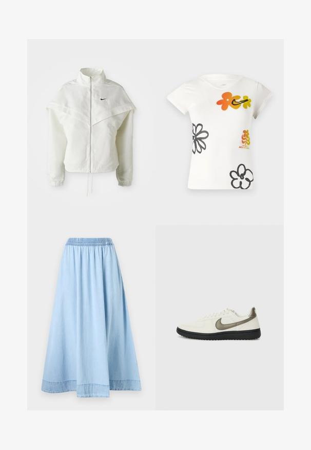Fehér, hosszú ujjú, zipzáras dzseki magas gallérral, a vállakon lebegő, köpenyszerű résszel, rugalmas mandzsettákkal és kis fekete Nike logóval a mellkason.; Fehér, rövid ujjú póló, élénk virágmintákkal narancssárga, sárga és fekete színekben. Puha pamut keverékből készült, V-nyakú dizájnnal.; Világoskék farmer szoknya rugalmas derékkal, teljes A-vonalú fazonban, és diszkrét hem varrással a részletek fokozásáért. Puha, sima áru.; Nike Sportswear FIELD GENERAL - Sportcipő - off-white/black