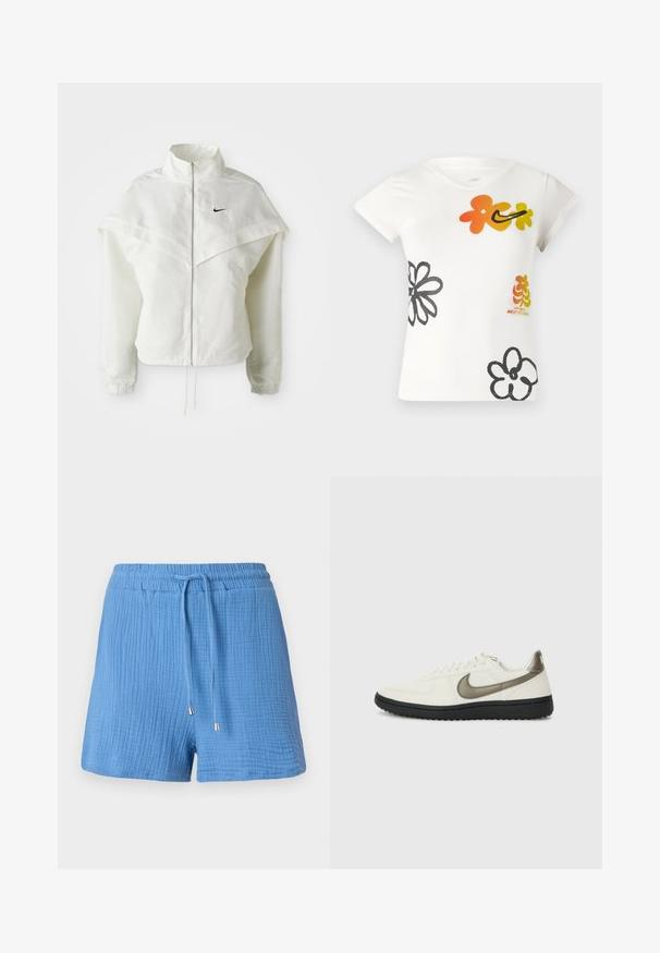 Jaqueta branca de mangas longas com fecho éclair e gola alta, detalhe tipo capa nos ombros, punhos elásticos e pequeno logótipo preto da Nike no peito.; T-shirt branca de mangas curtas com designs florais coloridos em laranja, amarelo e preto. Feita de uma mistura de algodão macio, com decote em V.; Bermudas de algodão azuis com um design texturizado e enrugado, cintura elástica, cordão ajustável e pontas metálicas de destaque.; Nike Sportswear FIELD GENERAL - Sapatilhas - off-white/black