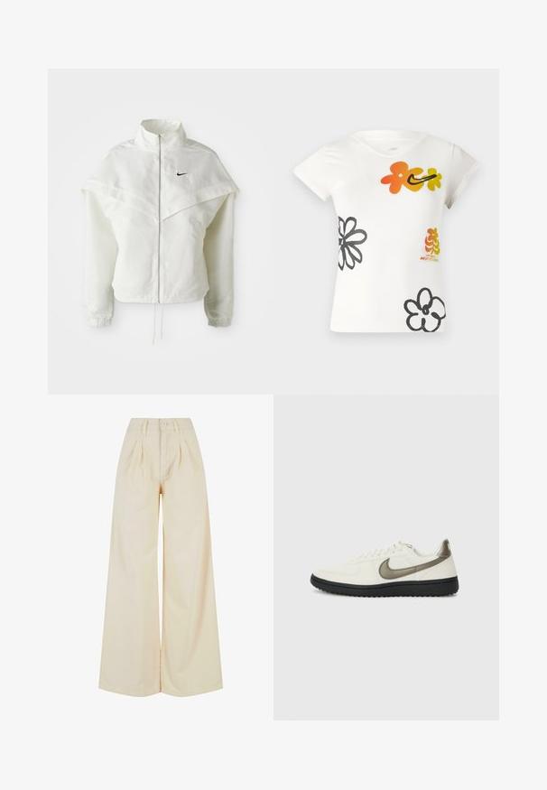 Valge pikkade varrukatega tõmblukuga jakk kõrge kraega, kätetooted, mis meenutavad katet õlgadel, elastsete mansettidega ja väikese musta Nike logoga rinnal.; Valge lühikese varrukaga t-särk, millel on värvilised lillemustrid oranži, kollase ja musta värviga. Valmistatud pehmest puuvilla segust ja v-kaelusega.; Bežid laiad püksid kõrge vöökohaga, millel on nööbinupp ja voldid. Sile kangas pehme tekstuuriga.; Nike Sportswear FIELD GENERAL - Tossud - off-white/black