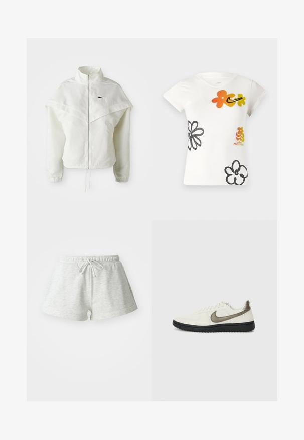 Valge pikkade varrukatega tõmblukuga jakk kõrge kraega, kätetooted, mis meenutavad katet õlgadel, elastsete mansettidega ja väikese musta Nike logoga rinnal.; Valge lühikese varrukaga t-särk, millel on värvilised lillemustrid oranži, kollase ja musta värviga. Valmistatud pehmest puuvilla segust ja v-kaelusega.; Heledad hallide puuvillased lühikesed püksid, millel on nööriga vöökoht, pehme tekstuur ja lõdvestunud istuvus, ulatudes üle reie keskmise osa.; Nike Sportswear FIELD GENERAL - Tossud - off-white/black