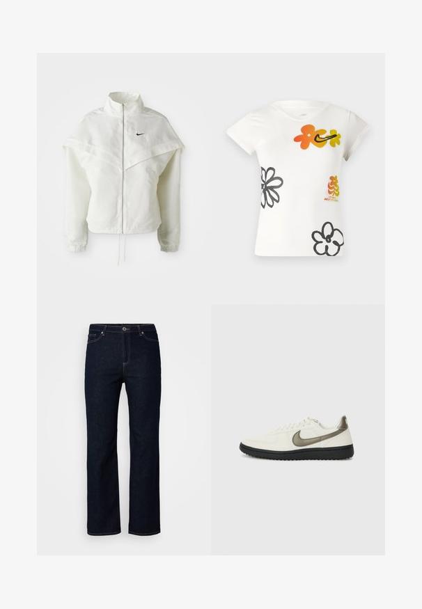 Vit långärmad zip-up jacka med hög krage, kap-liknande detalj över axlarna, elastiska ärmslut och liten svart Nike-logga på bröstet.; Vit t-shirt med kort ärm som har färgglada blommönster i orange, gult och svart. Tillverkad av en mjuk bomullsblandning med v-ringning.; Mörkblå denimjeans, rak bendesign, femficksstil, subtila sömdetaljer, dragkedja med knappstängning.; Nike Sportswear FIELD GENERAL - Sneakers - off-white/black