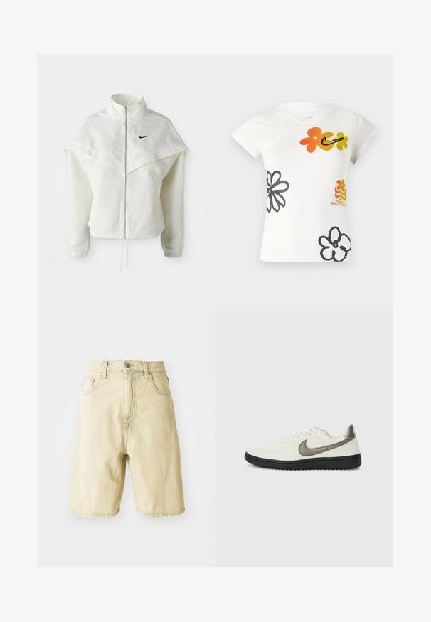 Jaqueta branca de mangas longas com fecho éclair e gola alta, detalhe tipo capa nos ombros, punhos elásticos e pequeno logótipo preto da Nike no peito.; T-shirt branca de mangas curtas com designs florais coloridos em laranja, amarelo e preto. Feita de uma mistura de algodão macio, com decote em V.; Calções de ganga amarelos claros com cintura alta, apresentando passantes para cinto, fecho de botão frontal e bolsos laterais. Textura suave e corte reto.; Nike Sportswear FIELD GENERAL - Sapatilhas - off-white/black