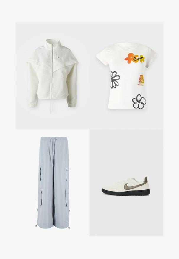 Balta garās piedurknes ar rāvējslēdzēju jaka ar augstu apkakli, apmetņa līdzīga detaļa uz pleciem, elastīgas aproces un mazs melns Nike logotips uz krūtīm.; Balta īsām piedurknēm t-kreklā ar krāsainiem ziedu rakstiem oranžā, dzeltenā un melnā krāsā. Izgatavots no maiga kokvilnas maisījuma ar V veida kakla izgriezumu.; Gai pelēki cargo šorti ar elastīgu jostasvietu, aukliņu aizdari, sānu kabatām un regulējamiem apakšmalām. Izgatavoti no mīksta, viegla auduma.; Nike Sportswear FIELD GENERAL - Treniņu apavi - off-white/black