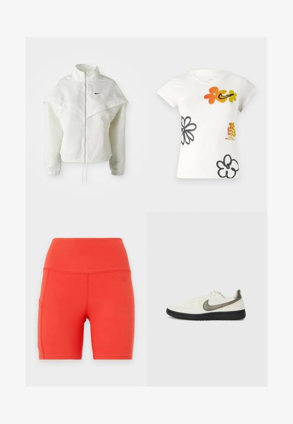Hvit langermet jakke med glidelås og høy krage, kappe-lignende detaljer over skuldrene, elastiske mansjetter, og liten svart Nike-logo på brystet.; Hvit t-skjorte med korte ermer som har fargerike blomsterdesign i oransje, gult og svart. Laget av en myk bomullsblanding med v-hals.; Røde treningsshorts med høy midje, laget av glatt, elastisk materiale. Har en sidelomme og en liten preget logo.; Nike Sportswear FIELD GENERAL - Joggesko - off-white/black