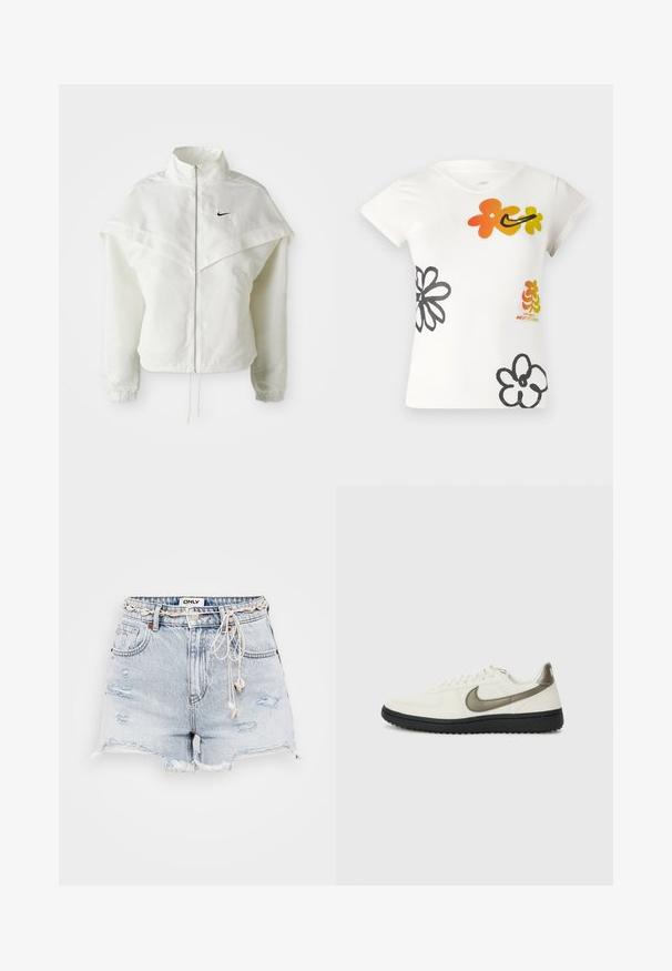 Hvit langermet jakke med glidelås og høy krage, kappe-lignende detaljer over skuldrene, elastiske mansjetter, og liten svart Nike-logo på brystet.; Hvit t-skjorte med korte ermer som har fargerike blomsterdesign i oransje, gult og svart. Laget av en myk bomullsblanding med v-hals.; Lyseblå denimshorts med frynset kant, slitte detaljer, justerbar beige snor og merkelapp på livet.; Nike Sportswear FIELD GENERAL - Joggesko - off-white/black