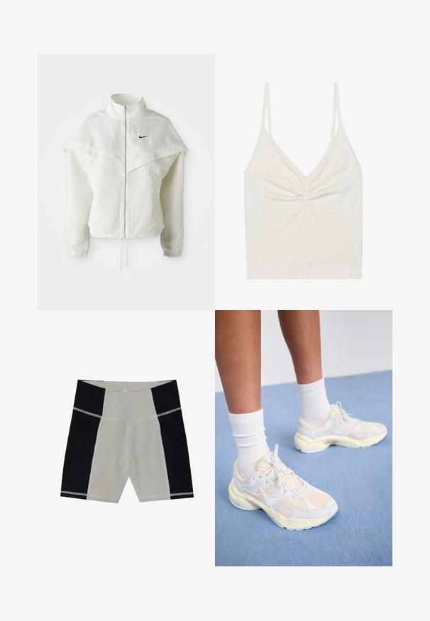 Bjela jakna dugih rukava s patentnim zatvaračem i visokim ovratnikom, s kapastim detaljima preko ramena, elastičnim manžetama i malim crnim Nike logom na prsima.; Bijela, bezrukavna majica s V-izrezom izrađena od mekanog, elastičnog materijala s nabranim detaljima na sredini. Tanji naramenici i glatka tekstura.; Muške kupaćice s bež središnjim panelom i crnim bočnim panelima. Izrađene od glatkog materijala s kontrastnim šavovima. Dužina do sredine bedara.; Elegantne atletske cipele u svijetložutoj i bijeloj boji, s mrežastim i sintetičkim materijalima, zaobljenim oblikom i teksturiranim potplatima.