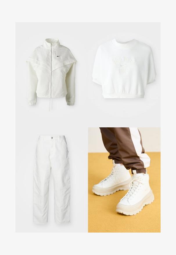Hvid langærmet zip-up jakke med høj krave, kappe-lignende detaljer over skuldrene, elastiske manchetter og lille sort Nike-logo på brystet.; Hvid cropped sweatshirt lavet af blødt materiale. Har ribbet halsudskæring, elastisk kant og prægede "Nike 1972" logo i midten.; Hvide cargo-bukser lavet af denim, med en afslappet pasform, sidelommer og synlige syninger. Ensfarvet front med knaplukning.; Hvide højtop sneakers med en kraftig, tekstureret sål, der har en glat overdel, rund tå og tonede snørebånd, placeret mod en gul baggrund.