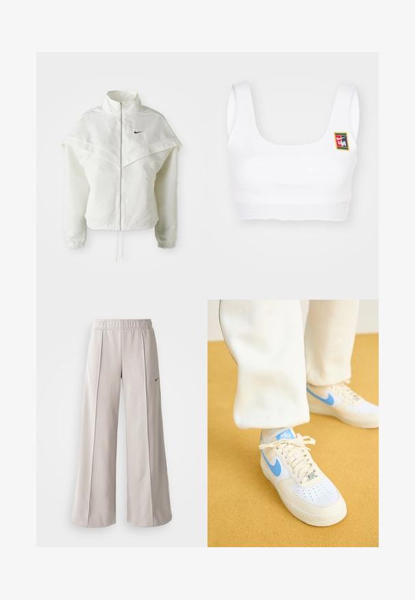 Bílá dlouhá zipová bunda s vysokým límcem, pláštěnkovým detailem přes ramena, elastickými manžetami a malým černým logem Nike na hrudi.; Nike Sportswear YOON - Top - white; Světlé šedé široké kalhoty vyrobené z hladké látky. Mají elastický pas a černé logo Nike na levé straně.; Bílé tenisky s světle modrými akcenty, s perforovanou špičkou, texturovanou podrážkou a tkaničkami. Nosené s krémovými kalhotami na žlutém pozadí.