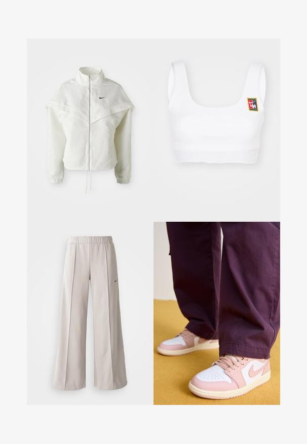 Hvid langærmet zip-up jakke med høj krave, kappe-lignende detaljer over skuldrene, elastiske manchetter og lille sort Nike-logo på brystet.; Nike Sportswear YOON - Top - white; Lys grå, vide bukser lavet af glat stof. Har et elastisk talje bånd og sort Nike-logo på venstre side.; Jordan AIR JORDAN 1 LOW - Sneakers - white/pink oxford/sail