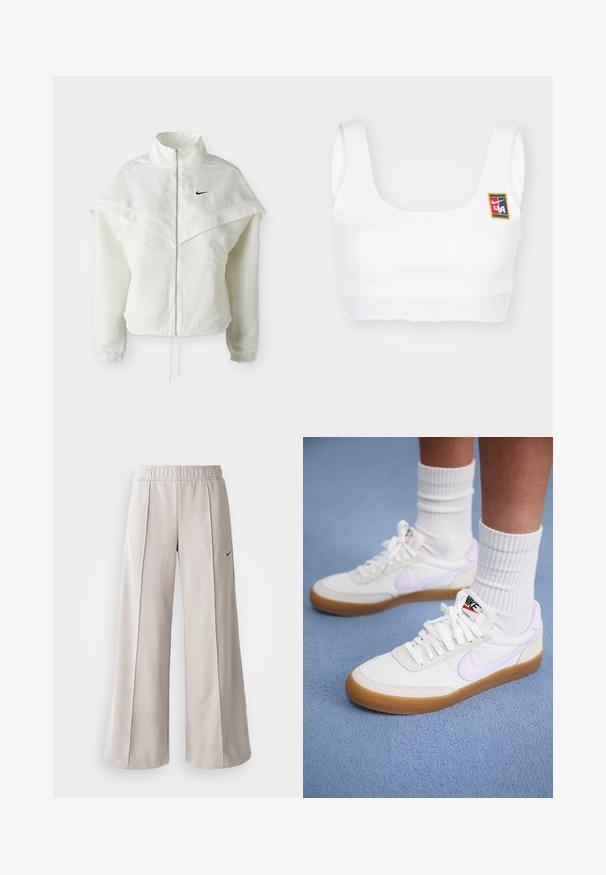 Jachetă albă cu mâneci lungi, cu fermoar, guler înalt, detalii asemănătoare unei capele pe umeri, manșete elastice și un mic logo Nike negru pe piept.; Nike Sportswear YOON - Top - white; Pantaloni largi de culoare gri deschis, confecționați dintr-un material neted. Au o talie elastică și un logo Nike negru pe partea stângă.; Adidași albi din pânză cu un swoosh Nike violet deschis, talpă din cauciuc și șireturi plate. Purtați cu ciorapi albi cu dungi, pe un fundal albastru.
