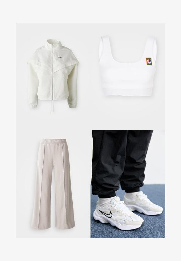 Valge pikkade varrukatega tõmblukuga jakk kõrge kraega, kätetooted, mis meenutavad katet õlgadel, elastsete mansettidega ja väikese musta Nike logoga rinnal.; Nike Sportswear YOON - Topp - white; Heledad hallide püksid, mis on valmistatud siledast kangast. Omab elastset vöökohta ja musta Nike logo vasakul küljel.; Valged ja heledad hallid spordijalatsid, millel on tekstureeritud pealispind, paks tald ja must swooshi logo. Kandmiseks on valitud mustad jogger püksid ja valged sokid.