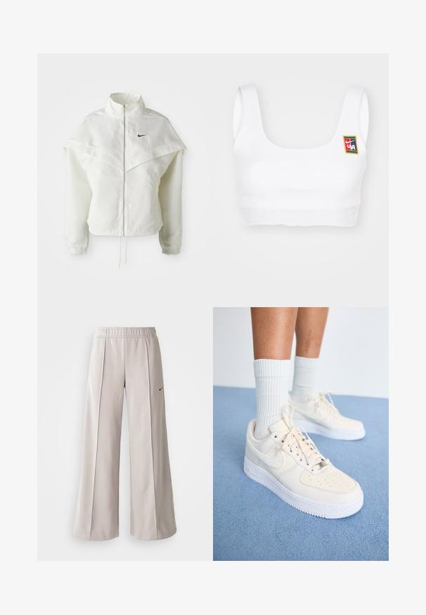 Bjela jakna dugih rukava s patentnim zatvaračem i visokim ovratnikom, s kapastim detaljima preko ramena, elastičnim manžetama i malim crnim Nike logom na prsima.; Nike Sportswear YOON - Top - white; Svijetlosive hlače širokih nogavica od glatkog materijala. Imaju elastičnu traku u struku i crni Nike logo na lijevoj strani.; Bež kožne Nike Air Force 1 tenisice s bijelim potplatima, s perforiranim prstima i srebrnim oznakom za vezanje, uparenim s bijelim rebrastim čarapama.