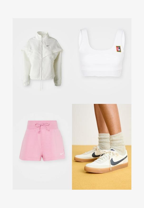 Bela jakna z dolgimi rokavi in zadrgo, visokim ovratnikom, plaščastim detajlom čez ramena, elastičnimi manšetami in majhnim črnim logotipom Nike na prsih.; Nike Sportswear YOON - Top - white; Roza bombažna kratka hlače z elastičnim pasom in vrvico. Ima stranske žepe in majhen bel Nike logotip na nogi.; Bele tene čevlje Nike z mornarsko modrim znakonom, teksturirano blago, bele vezalke in gumijast podplat, v kombinaciji z kosmatimi svetlo zelenimi nogavicami. Rumena ozadje.