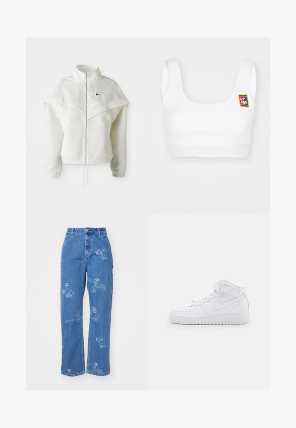 Valge pikkade varrukatega tõmblukuga jakk kõrge kraega, kätetooted, mis meenutavad katet õlgadel, elastsete mansettidega ja väikese musta Nike logoga rinnal.; Nike Sportswear YOON - Topp - white; Hele sinine teksapüksid, millel on kõrge vöökoht, sirged sääred ja valged graafilised mustrid, mis kujutavad erinevaid logo ja kujundeid kogu pinnal.; Valged kõrged tennisekesed, mis on valmistatud nahast, pehmendatud krae, augustatud varvas, nöörid ja reguleeritav pahkluu rihm; logo külgedel.