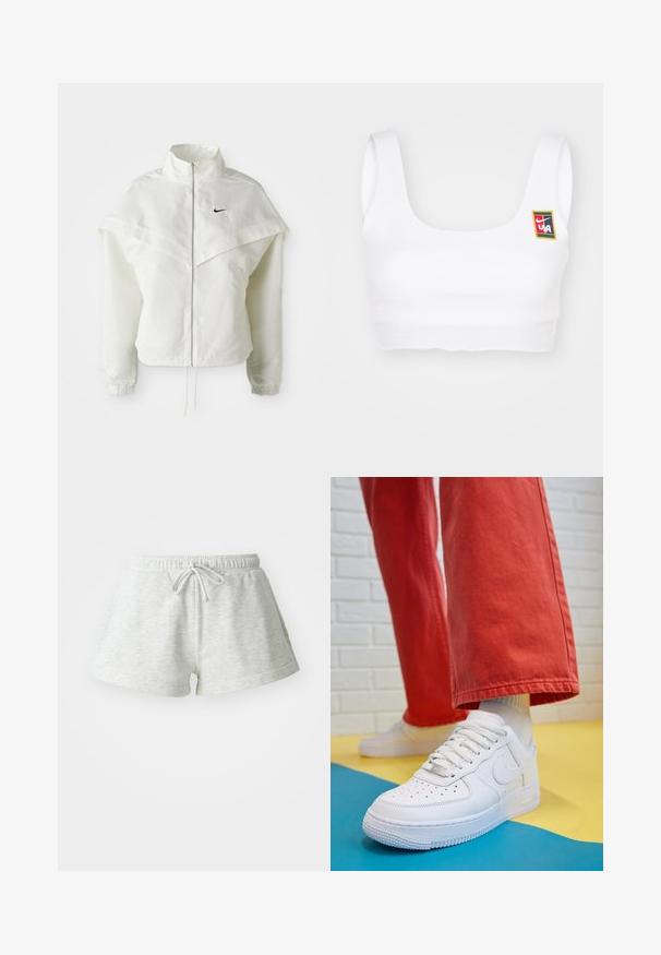 Bílá dlouhá zipová bunda s vysokým límcem, pláštěnkovým detailem přes ramena, elastickými manžetami a malým černým logem Nike na hrudi.; Nike Sportswear YOON - Top - white; Světle šedé bavlněné šortky s pasem na šňůrku, které mají jemnou strukturu a uvolněný střih, končící nad středem stehna.; Bílé kožené tenisky s perforovanou špičkou, texturovanou podešví a bílými tkaničkami, v kombinaci s širokými červenými kalhotami a modro-žlutým pozadím.