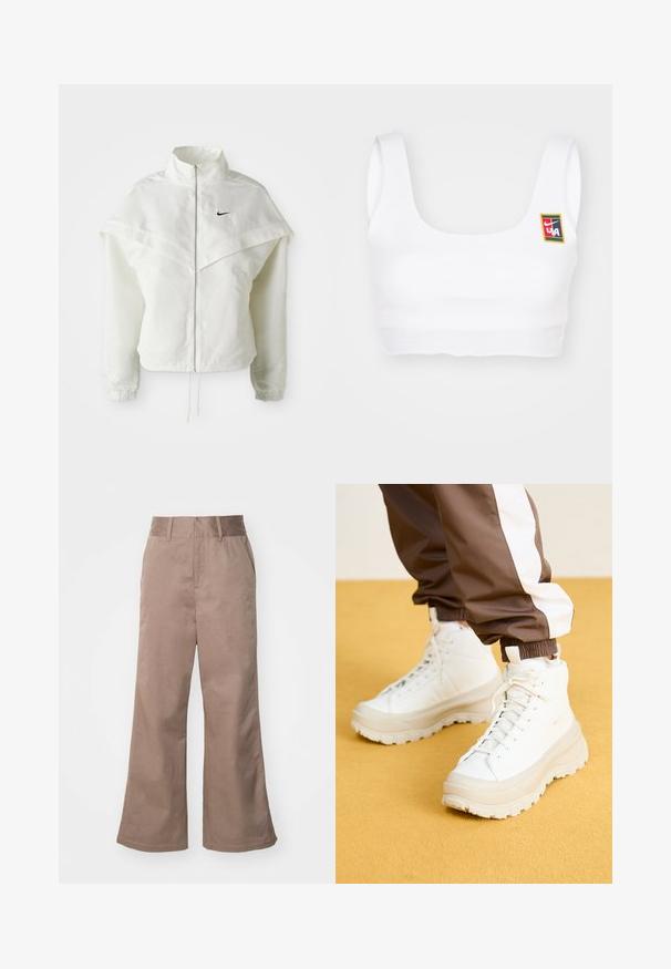 Fehér, hosszú ujjú, zipzáras dzseki magas gallérral, a vállakon lebegő, köpenyszerű résszel, rugalmas mandzsettákkal és kis fekete Nike logóval a mellkason.; Nike Sportswear YOON - Felső - white; Barna pamut, bő szárú nadrág magas derékkal, elülső zsebekkel és sima textúrával. Az alja enyhén bővül.; Fehér, magasszárú sportcipők, vastag, texturált talppal, sima bőr felsőrésszel, kerek orral és azonos színű fűzőkkel, sárga háttér előtt.