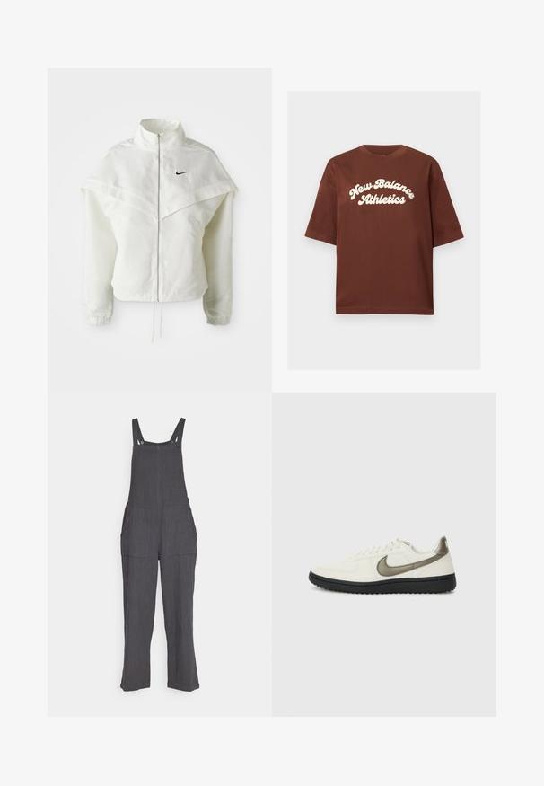 Chaqueta blanca de manga larga con cremallera y cuello alto, detalle tipo capa en los hombros, puños elásticos y pequeño logo negro de Nike en el pecho.; Camisa de algodón marrón con un ajuste relajado, que presenta texto blanco que dice "New Balance Athletics" en una fuente negrita y curva.; Pechera de lino gris con piernas anchas, tirantes ajustables y dos bolsillos frontales grandes. Presenta un tejido texturizado y cierres de presión.; Nike Sportswear FIELD GENERAL - Zapatillas - off-white/black