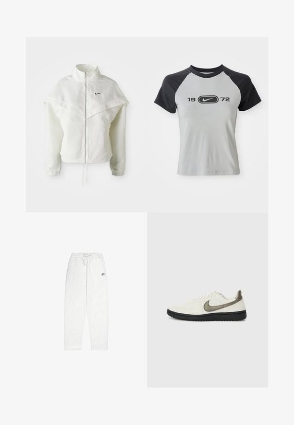 Balta ilga rankovė zip-up striukė su aukštu apykakle, švarkelio tipo detalėmis ant pečių, elastingomis rankovėmis ir mažuoju juodu Nike logotipu ant krūtinės.; Pilkas ir juodas trumpomis rankovėmis marškinėliai su apvaliu iškirpimu, priekyje yra centrinis logotipas ir juodais rašmenimis užrašas "1972".; Šviesiai pilkos sportinės kelnės, pagamintos iš švelnios medžiagos, su elastinga juosmens juosta ir raišteliu, šoninėmis kišenėmis ir maža logo priekyje.; Nike Sportswear FIELD GENERAL - Sportbačiai - off-white/black