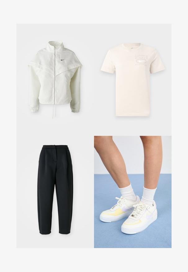 Giacca bianca a maniche lunghe con zip e colletto alto, dettaglio a mantella sulle spalle, polsini elasticizzati e piccolo logo Nike nero sul petto.; T-shirt crema a maniche corte in cotone, con scollo rotondo e logo Nike stampato in un grigio chiaro a contrasto sul petto.; Pantaloni neri realizzati in un tessuto liscio, con vita su misura, frontale plissettato e gamba affusolata con orli ripiegati.; Sneakers bianchi in pelle con accenti gialli e lavanda, punta tonda, lacci piatti e suola in gomma texturizzata. Indossati con calzini bianchi.