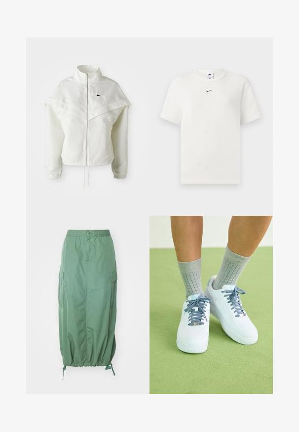 Biela bunda s dlhým rukávom na zips a vysokým golierom, s plášťovým detailom cez plecia, elastickými manžetami a malým čiernym logom Nike na hrudi.; Biela rebrovaná tričko s okrúhlym výstrihom a krátkymi rukávmi. Na hrudi je malá čierna značka Nike. Tkanina je textúrovaná a má priliehavý strih.; Carhartt WIP CARGO SKIRT - sukňa v tvare A - duck green rinsed; Biele kožené tenisky s modrými akcentmi, perforovaným dizajnom na špičke a textúrovanými modro-bielymi šnúrkami, nosené so sivými rebrovanými ponožkami.
