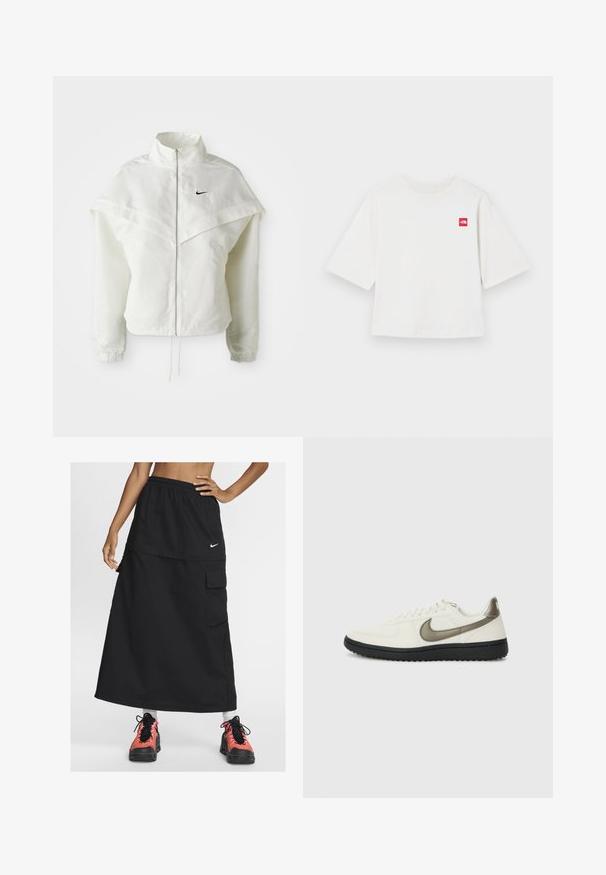 Fehér, hosszú ujjú, zipzáras dzseki magas gallérral, a vállakon lebegő, köpenyszerű résszel, rugalmas mandzsettákkal és kis fekete Nike logóval a mellkason.; Fehér, rövid ujjú pamut póló. A bal mellen egy kis vörös négyzet alakú logó található. Egyenes szabású. Puha tapintású.; Fekete sportos maxi szoknya rugalmas derékpánttal, elülső zsebével és Nike logójával. Színes sportcipőkkel viselve.; Nike Sportswear FIELD GENERAL - Sportcipő - off-white/black
