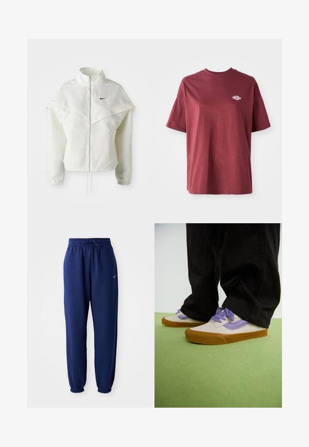 Weiße langärmlige Zip-Jacke mit hohem Kragen, cape-artigem Detail über den Schultern, elastischen Bündchen und kleinem schwarzen Nike-Logo auf der Brust.; Bordeauxrotes Baumwoll-T-Shirt mit Rundhalsausschnitt, kurzen Ärmeln und einem kleinen weißen Logo auf der linken Brust. Glatte Textur, lockere Passform.; Dunkelblaue Sweatpants aus weichem Material, mit einem elastischen Bund und Kordelzug, elastischen Bündchen und einem kleinen weißen Logo.; Helle beige Sneakers mit lila Akzenten, Gummisohle und flachen Schnürsenkeln. Getragen mit schwarzen Hosen, auf einer grünen strukturierten Oberfläche präsentiert.