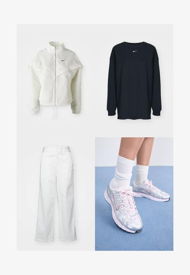 White long-sleeve zip-up jacket with high collar, cape-like detail across shoulders, elastic cuffs, and small black Nike logo on chest.; Black long-sleeve T-shirt made of cotton with a crew neckline. Features a white Nike logo on the chest. Soft texture, simple design.; White wide-leg trousers made from cotton, featuring a smooth texture, straight fit, front pockets, and a clean hem.; Nike running shoes featuring a silver mesh upper with pink accents, white laces, and a textured sole. Worn with white cotton athletic socks.