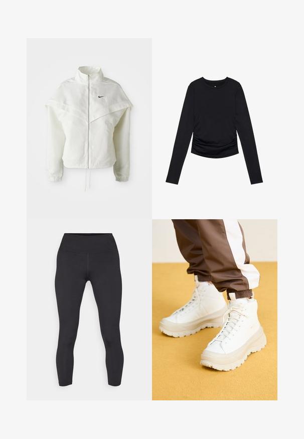 Bjela jakna dugih rukava s patentnim zatvaračem i visokim ovratnikom, s kapastim detaljima preko ramena, elastičnim manžetama i malim crnim Nike logom na prsima.; Crna bluzica dugih rukava s okruglim izrezom i naboranim detaljima sa strane, prikazana na jednostavnoj bijeloj pozadini.; Crne tajice s visokim strukom, izrađene od glatkog i rastezljivog materijala. Imaju ravne šavove i oblikovani dizajn.; Bijele visoke tenisice s debelim, teksturiranim potplatom, koje imaju glatki gornji dio, okrugli vrh i tonirane vezice, postavljene na žutu pozadinu.