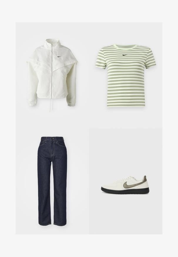Hvit langermet jakke med glidelås og høy krage, kappe-lignende detaljer over skuldrene, elastiske mansjetter, og liten svart Nike-logo på brystet.; Grønn og hvit stripete t-skjorte, kortermet, rund hals, med en liten svart Nike-logo på brystet. Myk bomullsmateriale.; Mørkeblå denim høy midje jeans med rett ben-design, synlige sømmer, fem lommer og lukking med knapp foran.; Nike Sportswear FIELD GENERAL - Joggesko - off-white/black