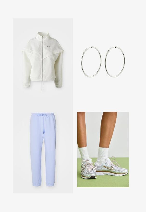 Biela bunda s dlhým rukávom na zips a vysokým golierom, s plášťovým detailom cez plecia, elastickými manžetami a malým čiernym logom Nike na hrudi.; Námornícky modré bavlnené tričko s okrúhlym výstrihom, krátkymi rukávmi a bielym logom Nike na ľavom prsníku. Hladká textúra, jednoduchý dizajn.; Svetlomodré teplákové nohavice vyrobené z mäkkého materiálu. Obsahujú elastický pás so šnúrkou, priame nohavice a elastické manžety na členkoch.; Strieborné športové topánky s bielymi a zlatými akcentmi, s vrchnou časťou z mäkkej sieťoviny, gumovou podrážkou a reflexným povrchom. Ponožky sú viditeľné nad členkom.; Strieborné kruhové náušnice s hladkým, lesklým povrchom. Kružnicový tvar, rovnomerná šírka, navrhnuté pre jednoduché zapínanie. Jednoduché a elegantné.