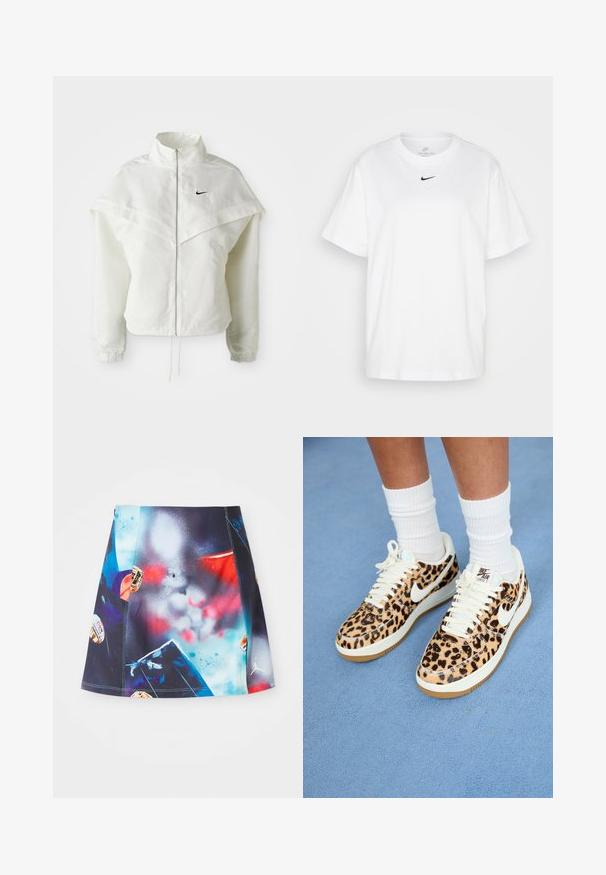 Witte lange mouwen zip-up jas met hoge kraag, cape-achtige details over de schouders, elastische manchetten en een klein zwart Nike-logo op de borst.; Witte katoenen t-shirt met een ronde halslijn, korte mouwen en een zwart Nike-logo centraal op de borst gedrukt. Eenvoudig en klassiek ontwerp.; Korte, veelkleurige sportrok met een levendig spetterontwerp en accenten en logo's. Gemaakt van lichte, ademende stof.; Nike Air Force 1 sneakers met luipaardprint, witte veters en swoosh, met een tan rubberen buitenzool en een gestructureerde bovenkant. Witte crew-sokken zichtbaar.