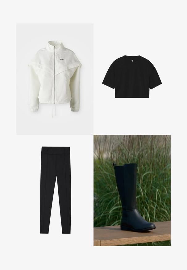 Bílá dlouhá zipová bunda s vysokým límcem, pláštěnkovým detailem přes ramena, elastickými manžetami a malým černým logem Nike na hrudi.; Černé zkrácené tričko vyrobené z měkké tkaniny, s krátkými rukávy, kulatým výstřihem a jednoduchým logem potištěným poblíž límce.; Černé legíny s hladkou texturou, vysokým páskem a švy podél stran. Slim-fit design, vhodné pro různé aktivity.; Černá kozačka ke kolenům z hladké kůže s kulatou špičkou a plochou podrážkou. Má jednoduchý design s poutkem nahoře.
