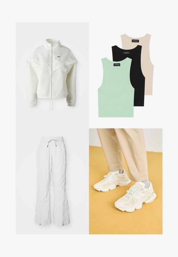 Fehér, hosszú ujjú, zipzáras dzseki magas gallérral, a vállakon lebegő, köpenyszerű résszel, rugalmas mandzsettákkal és kis fekete Nike logóval a mellkason.; Három ujjatlan top menta zöld, fekete és bézs színben; bordázott anyagból készült, kerek nyakkivágással. A márkajelzés látható.; Világosszürke munkásnadrág, texturált szövetből készült, rugalmas derékkal és húzózsinórral, oldalsó zsebekkel és cipzárokkal a bokán.; Fehér sportcipők, textúrált felsőrésszel, finom mintákkal, lekerekített formával és párnázott talppal, bézs nadrággal párosítva.