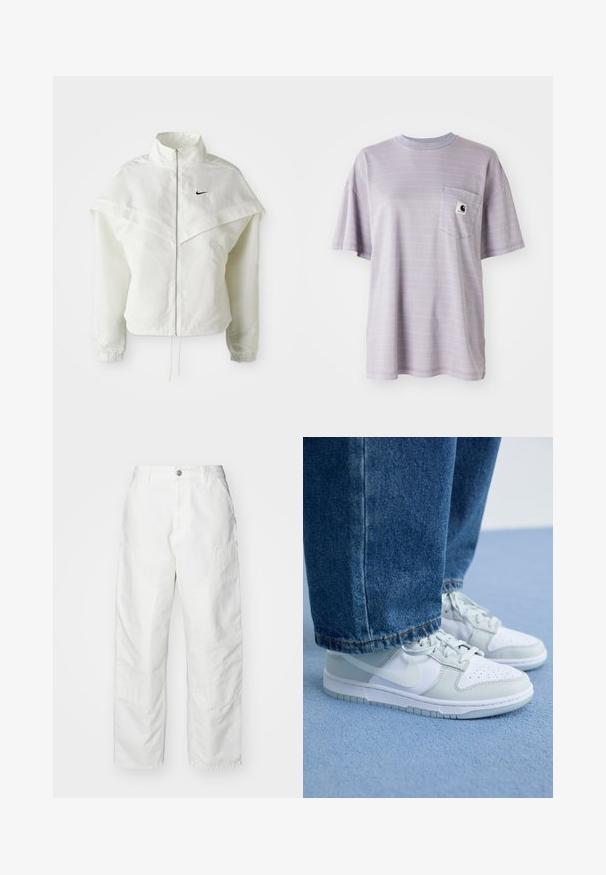 Jaqueta branca de mangas longas com fecho éclair e gola alta, detalhe tipo capa nos ombros, punhos elásticos e pequeno logótipo preto da Nike no peito.; T-shirt de mangas curtas em lilás claro, com listras horizontais subtis e um bolso no peito com um pequeno logótipo da marca. Tecido de algodão suave.; Calças cargo brancas feitas de denim, com um corte descontraído, bolsos laterais e detalhes de costura visíveis. Frente simples com fecho de botão.; Ténis Nike em couro branco e cinza claro com biqueira perfurada, atacadores planos e sola de borracha, combinados com calças de ganga azuis.