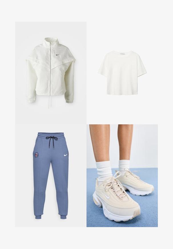 Biała, długozapinana kurtka na zamek z wysokim kołnierzem, z pelerynowym detalem na ramionach, elastycznymi mankietami i małym czarnym logo Nike na piersi.; Biała koszulka z krótkim rękawem, wykonana z bawełny. Posiada okrągły dekolt i luźny krój. Gładka faktura bez widocznych wzorów czy akcentów.; Niebieskie dresy z bawełny z elastycznym pasem, czarnym sznurkiem, bocznymi kieszeniami, ściągaczami na nogawkach, z logo Paryża i znakiem swoosh Nike.; Beżowe buty sportowe z teksturowaną cholewką, białymi sznurowadłami i grubą białą podeszwą. Design charakteryzuje się subtelnymi krzywiznami i małym logo.
