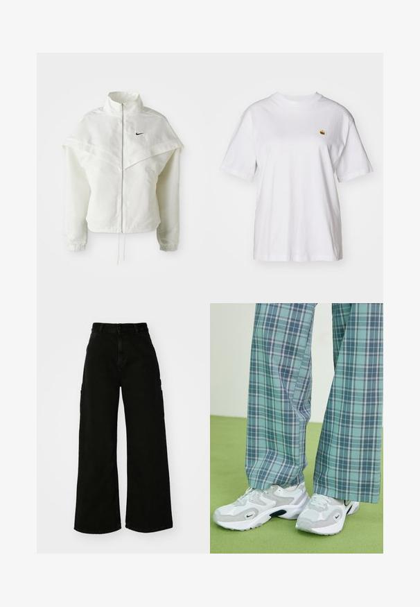 Fehér, hosszú ujjú, zipzáras dzseki magas gallérral, a vállakon lebegő, köpenyszerű résszel, rugalmas mandzsettákkal és kis fekete Nike logóval a mellkason.; Fehér pamut póló laza szabással, rövid ujjakkal és egy kis hímzett logóval a bal mellrészén.; Fekete, bő szárú cargo nadrág, denim anyagból, magas derékkal, elülső gombos záródással és oldalsó zsebekkel. Sima textúra minimális varrással.; Fehér és szürke sportcipők, texturált hálós felsőrésszel és sötét talppal, kék és zöld kockás, bő szárú nadrággal párosítva.