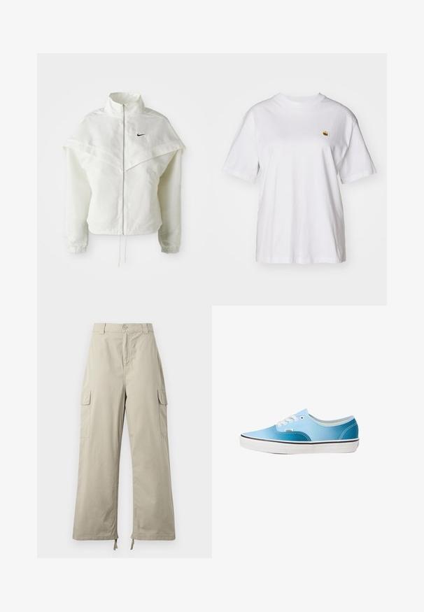 Witte lange mouwen zip-up jas met hoge kraag, cape-achtige details over de schouders, elastische manchetten en een klein zwart Nike-logo op de borst.; Witte katoenen t-shirt met een relaxte pasvorm, korte mouwen en een klein geborduurd logo op de linkerborst.; Lichtbeige cargobroek met een relaxte pasvorm, voorzien van een knoopsluiting, zijzakken en een verstelbare zoom met strikjes. Soepele stofstructuur.; Vans AUTHENTIC - Sneakers laag - blue coral gradient