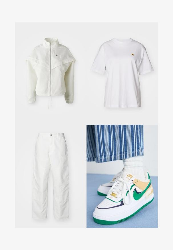 Hvit langermet jakke med glidelås og høy krage, kappe-lignende detaljer over skuldrene, elastiske mansjetter, og liten svart Nike-logo på brystet.; Hvit bomulls t-skjorte med avslappet passform, korte ermer og en liten brodert logo på venstre brystområde.; Hvite cargo-bukser laget av denim, med en avslappet passform, sidelommer og synlige sømmer. Enkelt front med knapplukking.; Nike Sportswear AIR FORCE 1 SHADOW - Joggesko - white/midnight navy/malachite/sesame/phantom/metallic gold