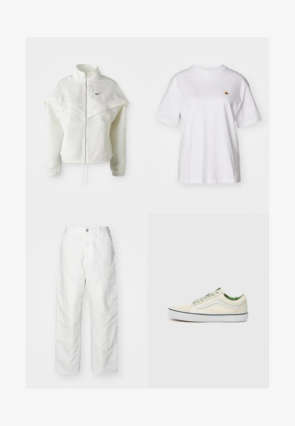 Valge pikkade varrukatega tõmblukuga jakk kõrge kraega, kätetooted, mis meenutavad katet õlgadel, elastsete mansettidega ja väikese musta Nike logoga rinnal.; Valge puuvillane T-särk, millel on lõdva lõikega, lühikesed varrukad ja väike broderi logo vasakul rinnakarpi.; Valged teksapüksid, millel on lõdvema lõikega, küljetaskud ja silmapaistvad õmblused. Ees on ühtlane, nööbiga sulgemine.; Bež kangast madala varruka tossud roheliste aktsentidega, valge kummist põhjaga ja mustriliste paeltega. Omab külgjoone disaini.