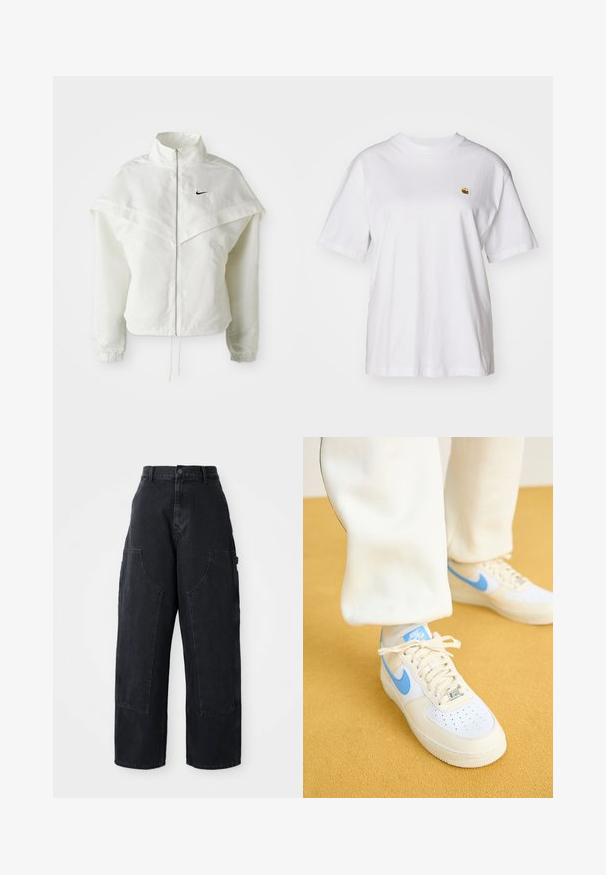 White long-sleeve zip-up jacket with high collar, cape-like detail across shoulders, elastic cuffs, and small black Nike logo on chest.; White cotton t-shirt with a relaxed fit, short sleeves, and a small embroidered logo on the left chest area.; Black denim wide-leg cargo pants with a high waist, two large front pockets, and a button closure at the waist. Smooth texture, casual design.; White sneakers with light blue accents, featuring a perforated toe, textured sole, and laces. Worn with cream-colored pants on a yellow background.