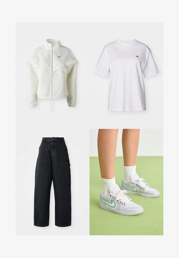 Weiße langärmlige Zip-Jacke mit hohem Kragen, cape-artigem Detail über den Schultern, elastischen Bündchen und kleinem schwarzen Nike-Logo auf der Brust.; Weißes Baumwoll-T-Shirt mit lockerem Schnitt, kurzen Ärmeln und einem kleinen gestickten Logo auf der linken Brustseite.; Schwarze Denim Cargo-Hosen mit weitem Bein und hoher Taille, zwei großen Vordertaschen und einem Knopfverschluss an der Taille. Glatte Textur, lässiges Design.; Weiße Sneakers mit grünen Akzenten, Obermaterial aus Stoff, gepolsterter Kragen und weißen Schnürsenkeln; getragen mit gerippten weißen Socken vor einem grünen Hintergrund.