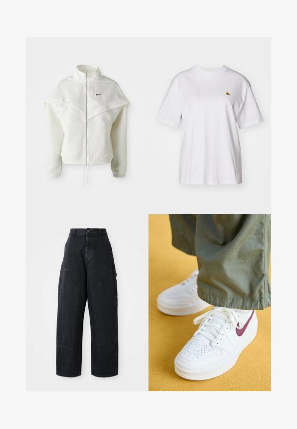Witte lange mouwen zip-up jas met hoge kraag, cape-achtige details over de schouders, elastische manchetten en een klein zwart Nike-logo op de borst.; Witte katoenen t-shirt met een relaxte pasvorm, korte mouwen en een klein geborduurd logo op de linkerborst.; Zwarte denim cargo broek met wijde been, hoge taille, twee grote voorkanten zakken en een knoopsluiting bij de taille. Soepele textuur, casual ontwerp.; Jordan AIR JORDAN 1 ELEVATE - Sneakers laag - white/bordeaux/white onyx
