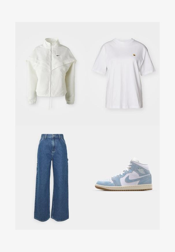 Biela bunda s dlhým rukávom na zips a vysokým golierom, s plášťovým detailom cez plecia, elastickými manžetami a malým čiernym logom Nike na hrudi.; Biely bavlnený tričko s voľným strihom, krátkymi rukávmi a malým vyšitým logom na ľavej strane hrude.; Dlhé modré džínsy so širokými nohavicami a vysokým pásom, s kontrastným prešívaním a bočnými vreckami, s klasickým dizajnom piatich vreciek a surovými lemami.; Jordan AIR JORDAN 1 MID SE - Vysoké tenisky - white/worn blue/sail/light brown