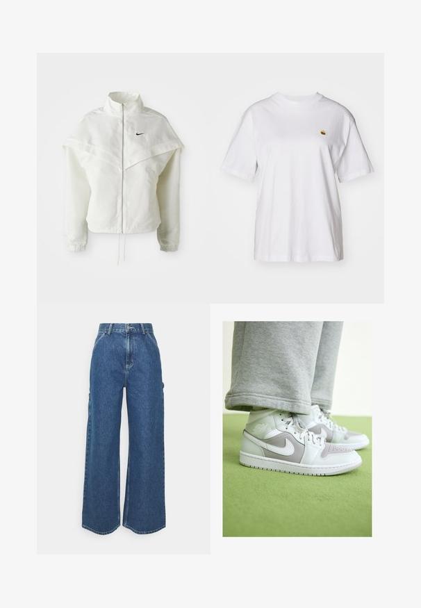 White long-sleeve zip-up jacket with high collar, cape-like detail across shoulders, elastic cuffs, and small black Nike logo on chest.; White cotton t-shirt with a relaxed fit, short sleeves, and a small embroidered logo on the left chest area.; Wide-leg blue denim trousers with a high waist, contrasting stitching, and side pockets, featuring a classic five-pocket design and raw hems.; High-top sneakers in light gray and white leather with perforated toe, Nike swoosh, and embossed logo on the ankle. Rubber sole.