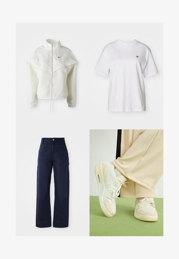 Jachetă albă cu mâneci lungi, cu fermoar, guler înalt, detalii asemănătoare unei capele pe umeri, manșete elastice și un mic logo Nike negru pe piept.; Tricou alb din bumbac cu o croială lejeră, mâneci scurte și un mic logo brodat în zona stângă a pieptului.; Pantaloni cargo largi de culoare bleumarin, confecționați dintr-un material din bumbac rezistent, cu buzunare laterale și închidere cu buton în talie.; Tenisi albi cu accente de piele întoarsă, design perforat și curea ajustabilă. Purtați cu pantaloni largi bej pe un fond verde.