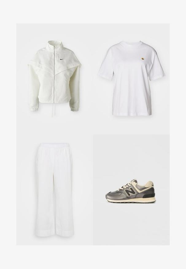 Jaqueta branca de mangas longas com fecho éclair e gola alta, detalhe tipo capa nos ombros, punhos elásticos e pequeno logótipo preto da Nike no peito.; T-shirt branca de algodão com um corte descontraído, mangas curtas e um pequeno logótipo bordado na área do peito esquerdo.; Calças brancas de pernas largas feitas de material leve. Apresentam um cós elástico e bolsos laterais, com uma textura lisa e mate.; Sapatilha New Balance cinza e bege com o logótipo "N" em preto, fecho com atacadores e sola texturizada sobre um fundo branco.