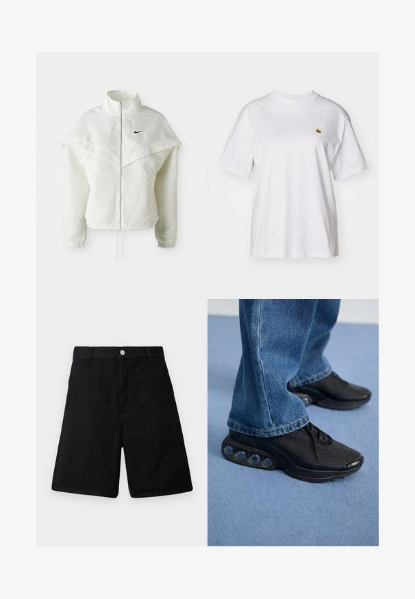 Veste zippée à manches longues blanche avec col haut, détail de type cape sur les épaules, poignets élastiques et petit logo Nike noir sur la poitrine.; T-shirt en coton blanc avec une coupe décontractée, des manches courtes et un petit logo brodé sur la poitrine gauche.; Shorts noirs en tissu durable, dotés d'un design à coupe droite, de poches avant, d'une braguette zippée et d'une fermeture à bouton métal.; Baskets de sport noires avec tige en mesh, accents texturés et poches de coussin d'air visibles dans la semelle. Portées avec un jean en denim bleu.