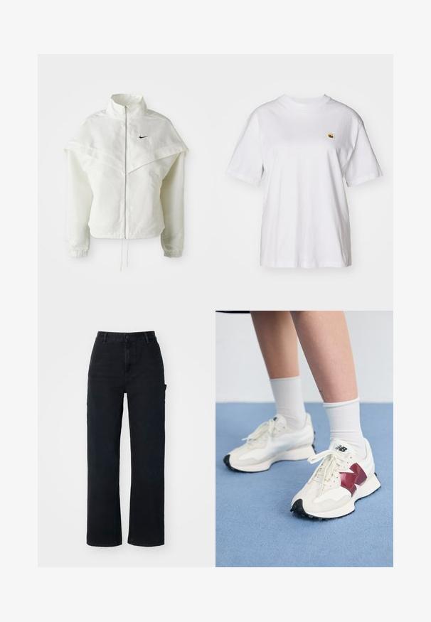 White long-sleeve zip-up jacket with high collar, cape-like detail across shoulders, elastic cuffs, and small black Nike logo on chest.; White cotton t-shirt with a relaxed fit, short sleeves, and a small embroidered logo on the left chest area.; Black denim trousers with a straight-leg design, featuring a high waist, standard button closure, and side pockets.; Pair of white sneakers with maroon accents, textured panels, flat black outsole, and light laces, worn with white ankle socks.